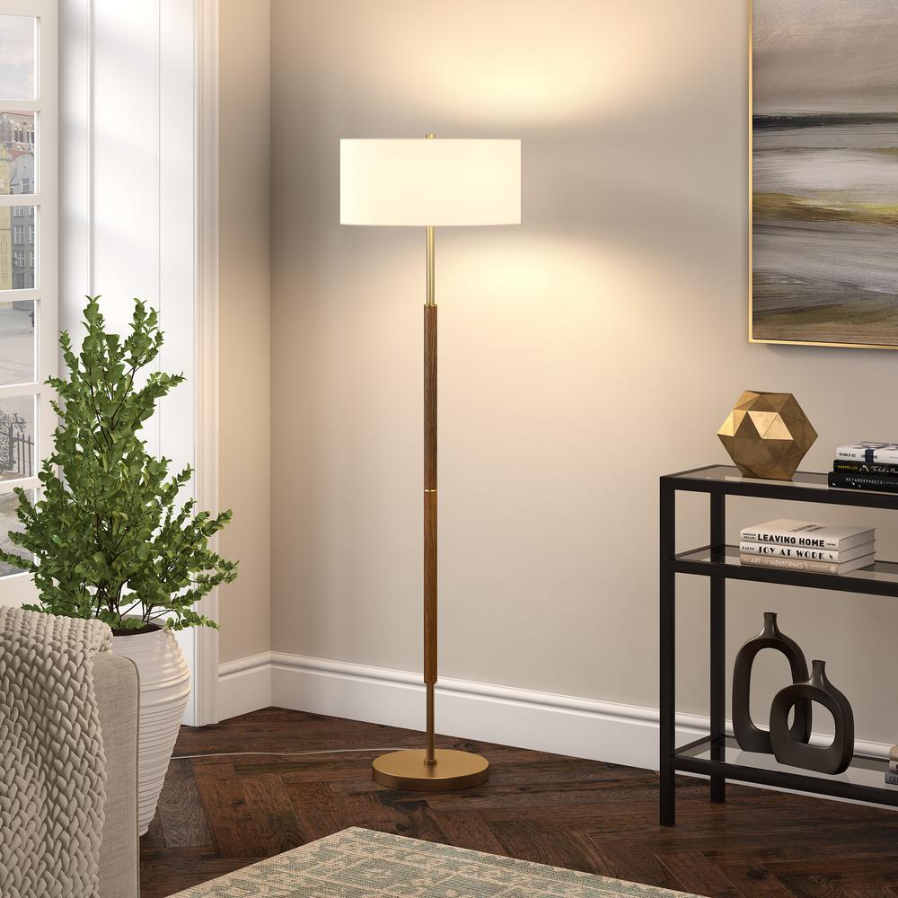 Simone 2-Light Floor Lamp with Fabric Shade in Rustic Oak/Brass/White. Picture 4