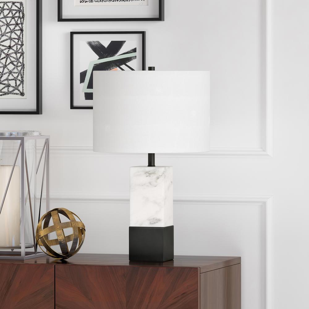 Lena 21.5" Tall Table Lamp with Fabric Shade in Marble/Blackened Bronze/White. Picture 2
