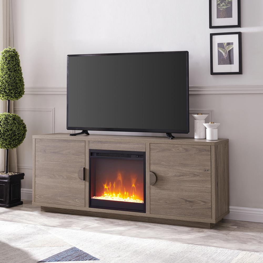 Dakota Rectangular TV Stand with Crystal Fireplace for TV's up to 65" in Antiqued Gray Oak. Picture 7