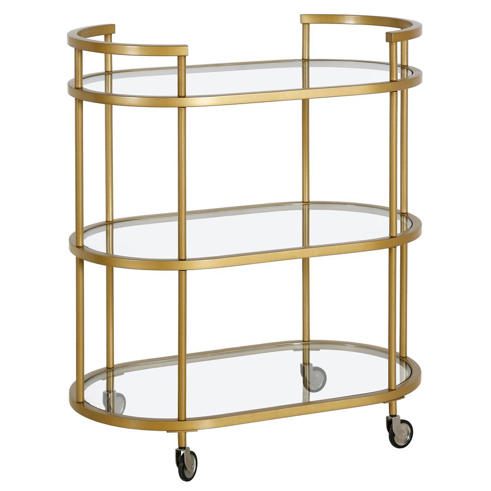 Leif 30'' Wide Oval Bar Cart in Brass. Picture 1