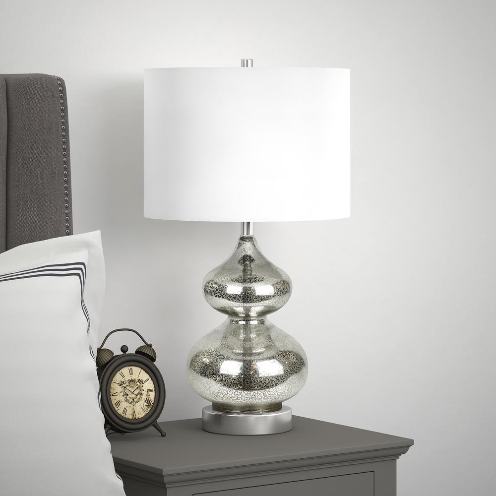 Katrin 23.5" Tall Table Lamp with Fabric Shade in Mercury Glass/Satin Nickel/White. Picture 2