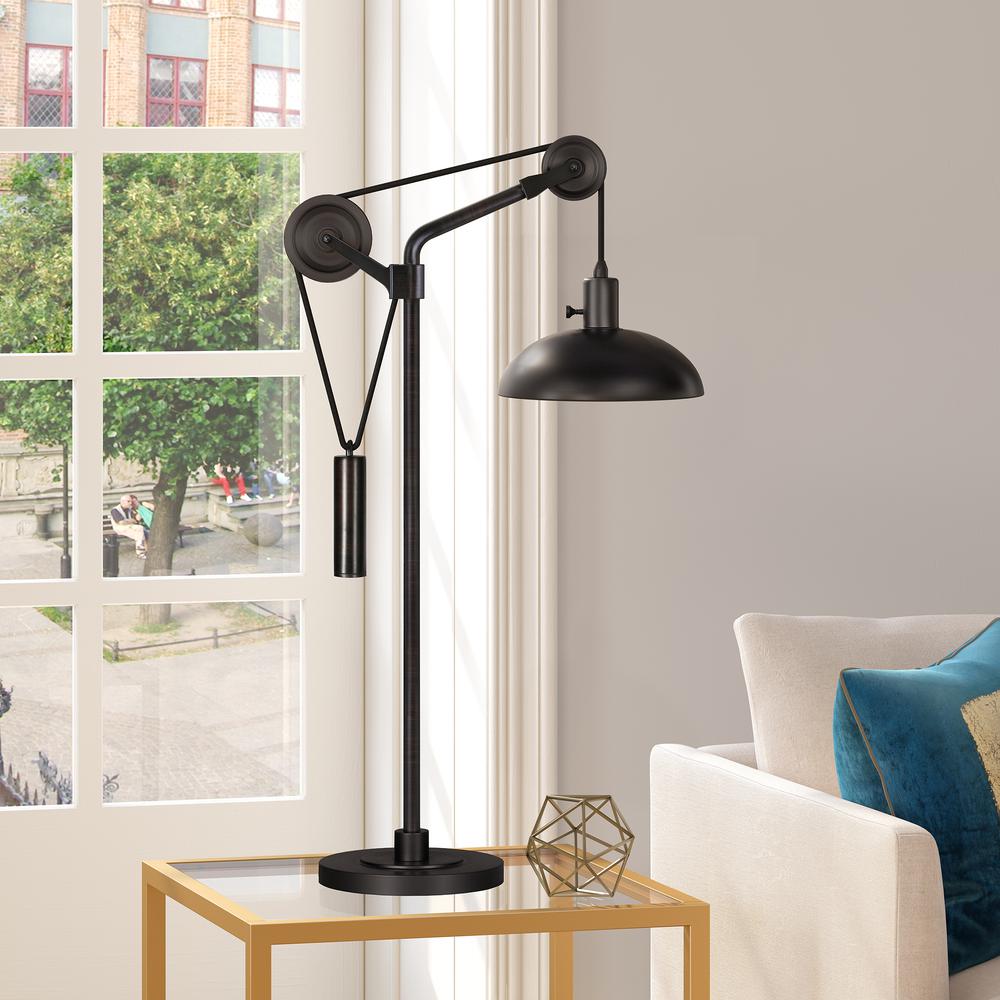 Neo 33.5" Tall Solid Wheel Pulley System Table Lamp with Metal Shade in Blackened Bronze/Blackened Bronze. Picture 2