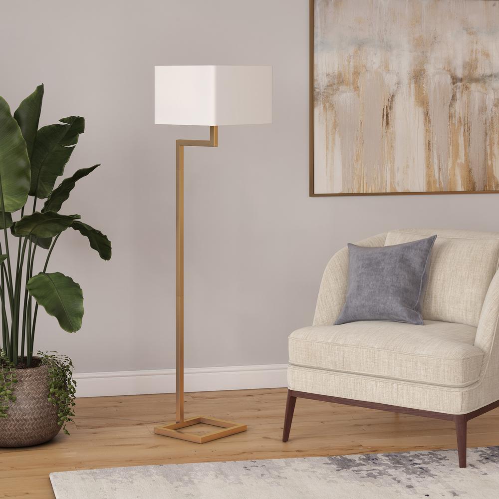 Xavier 64" Tall Floor Lamp with Fabric Shade in Brass/White. Picture 4