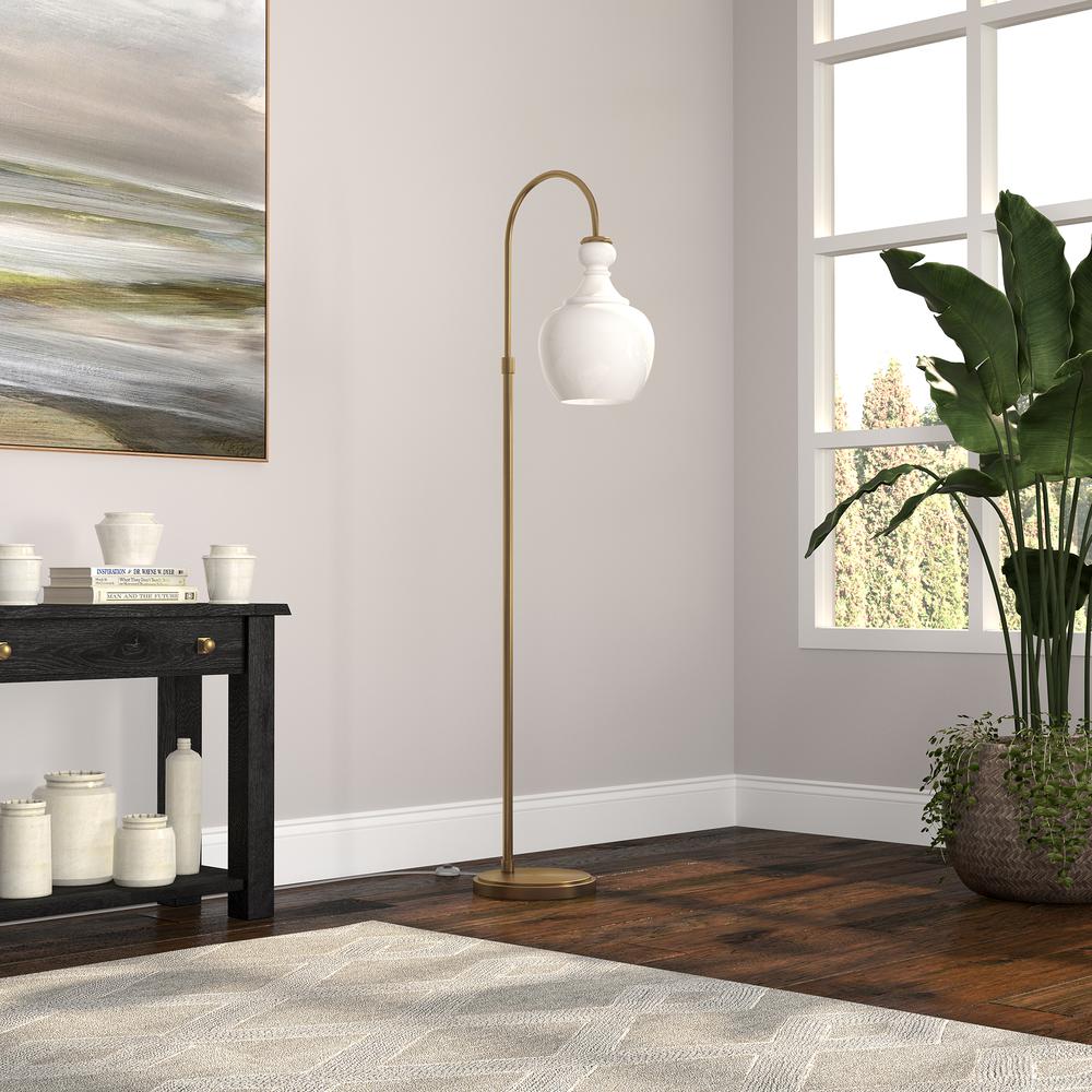Verona Arc Floor Lamp with Glass Shade in Brushed Brass/White Milk. Picture 3