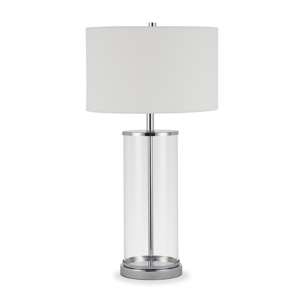Rowan 28" Tall Table Lamp with Fabric Shade in Clear Glass/Polished Nickel/White. Picture 1