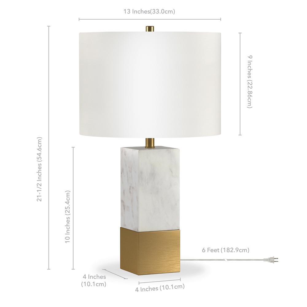 Lena 21.5" Tall Table Lamp with Fabric Shade in Marble and Brass/White. Picture 4