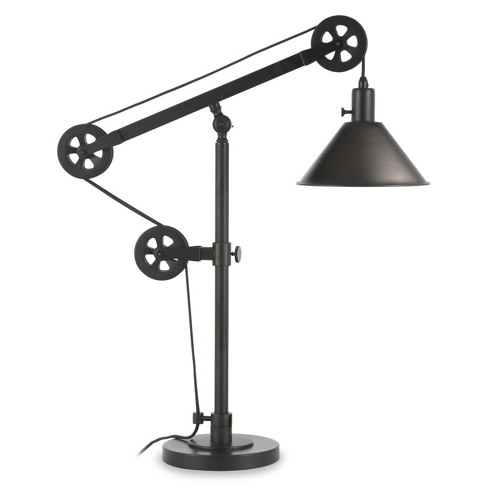 Descartes 29" Tall Pulley System Table Lamp with Metal Shade in Blackened Bronze/Blackened Bronze. Picture 1