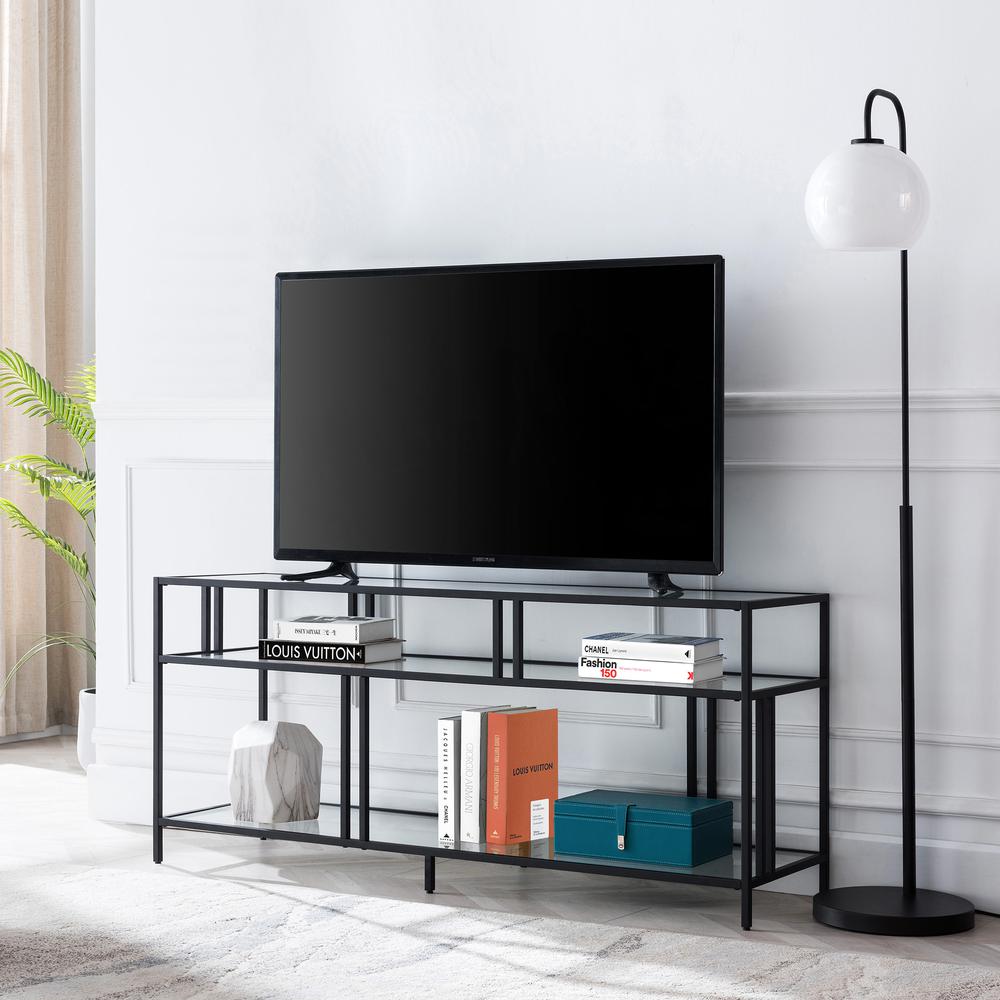 Cortland Rectangular TV Stand with Glass Shelves for TV's up to 60" in Blackened Bronze. Picture 2