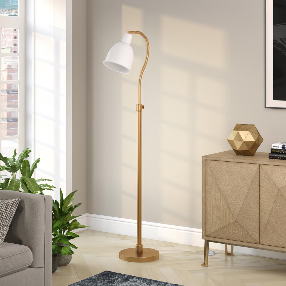 Vincent Adjustable/Arc Floor Lamp with Metal Shade in Brass/Matte White/Matte White. Picture 2