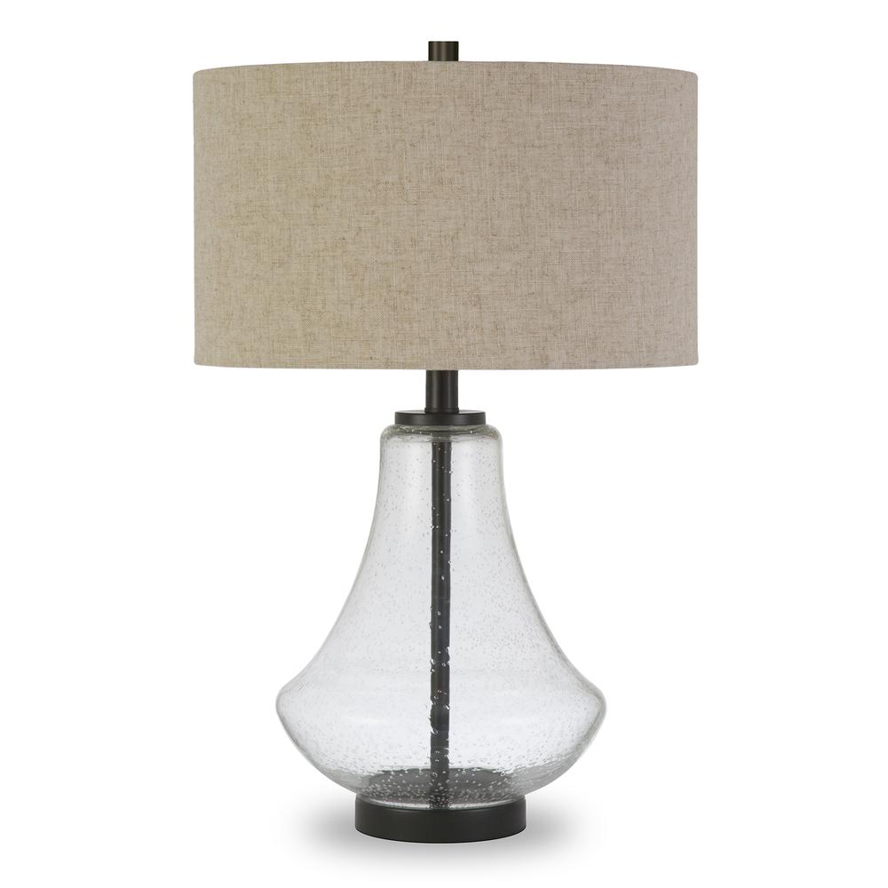 Lagos 23" Tall Table Lamp with Fabric Shade in Seeded Glass/Antique Bronze/Flax. Picture 1