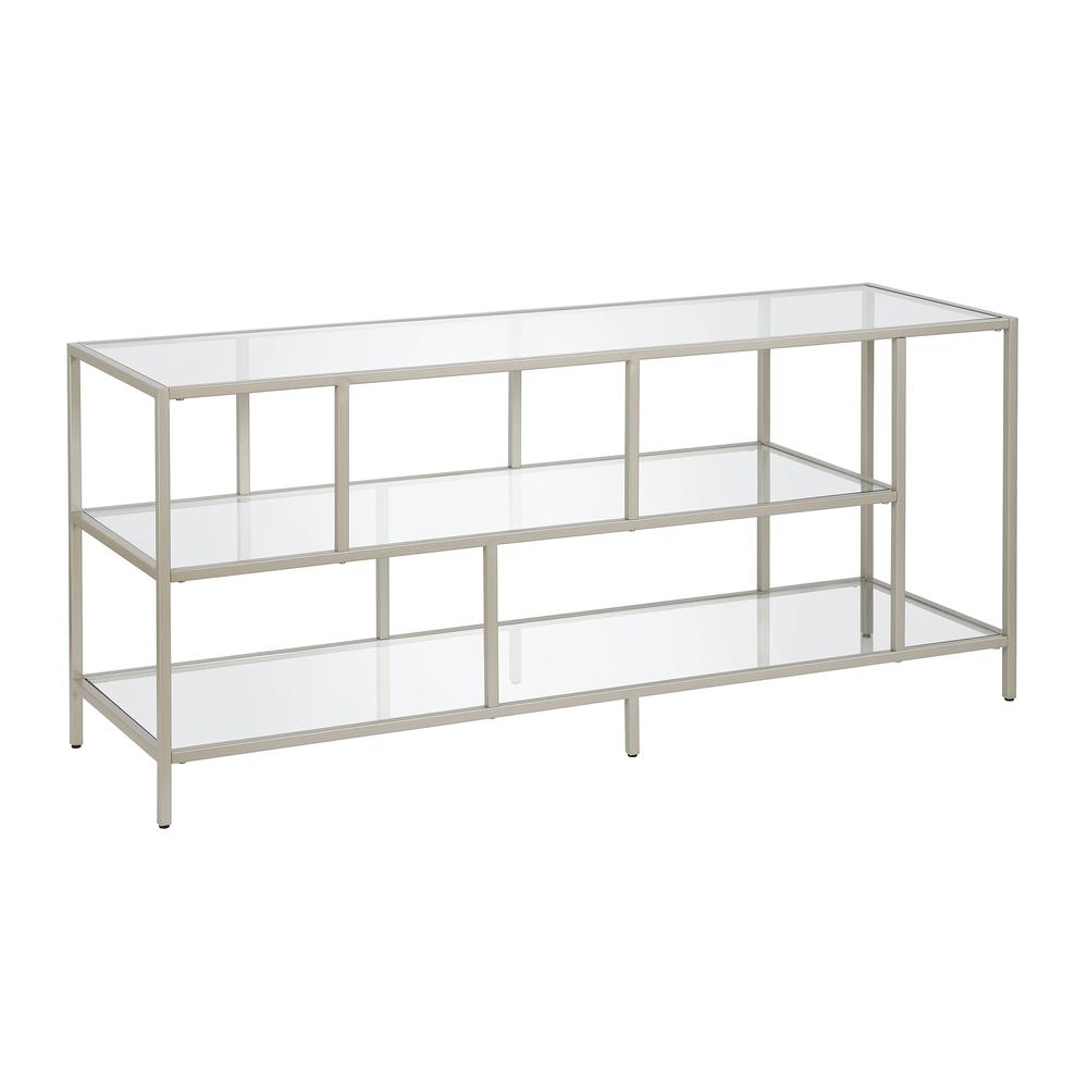 Winthrop Rectangular TV Stand with Glass Shelves for TV's up to 60" in Satin Nickel. Picture 1