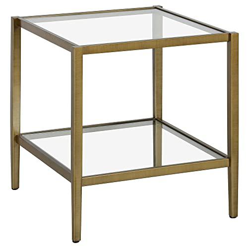 Hera 20'' Wide Square Side Table with Clear Shelf in Antique Brass. Picture 1