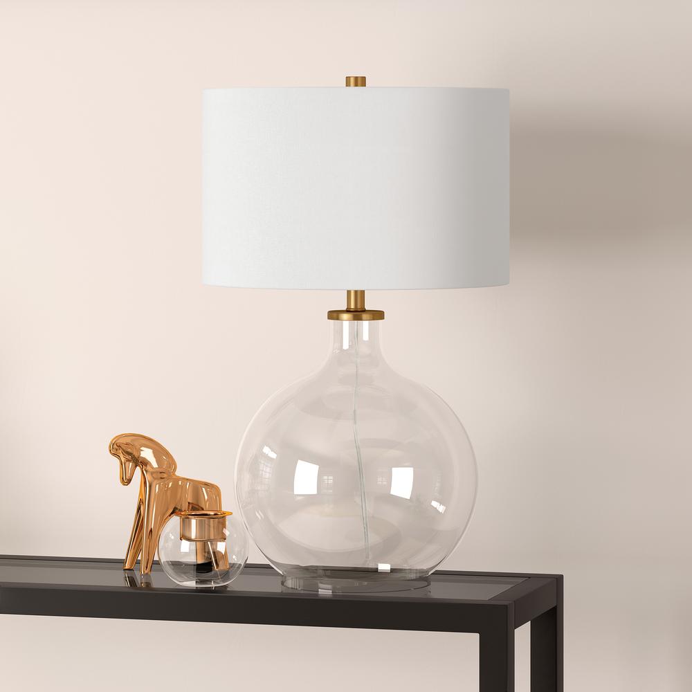 Laelia 24.75" Tall Table Lamp with Fabric Shade in Clear Glass/Brass/White. Picture 2