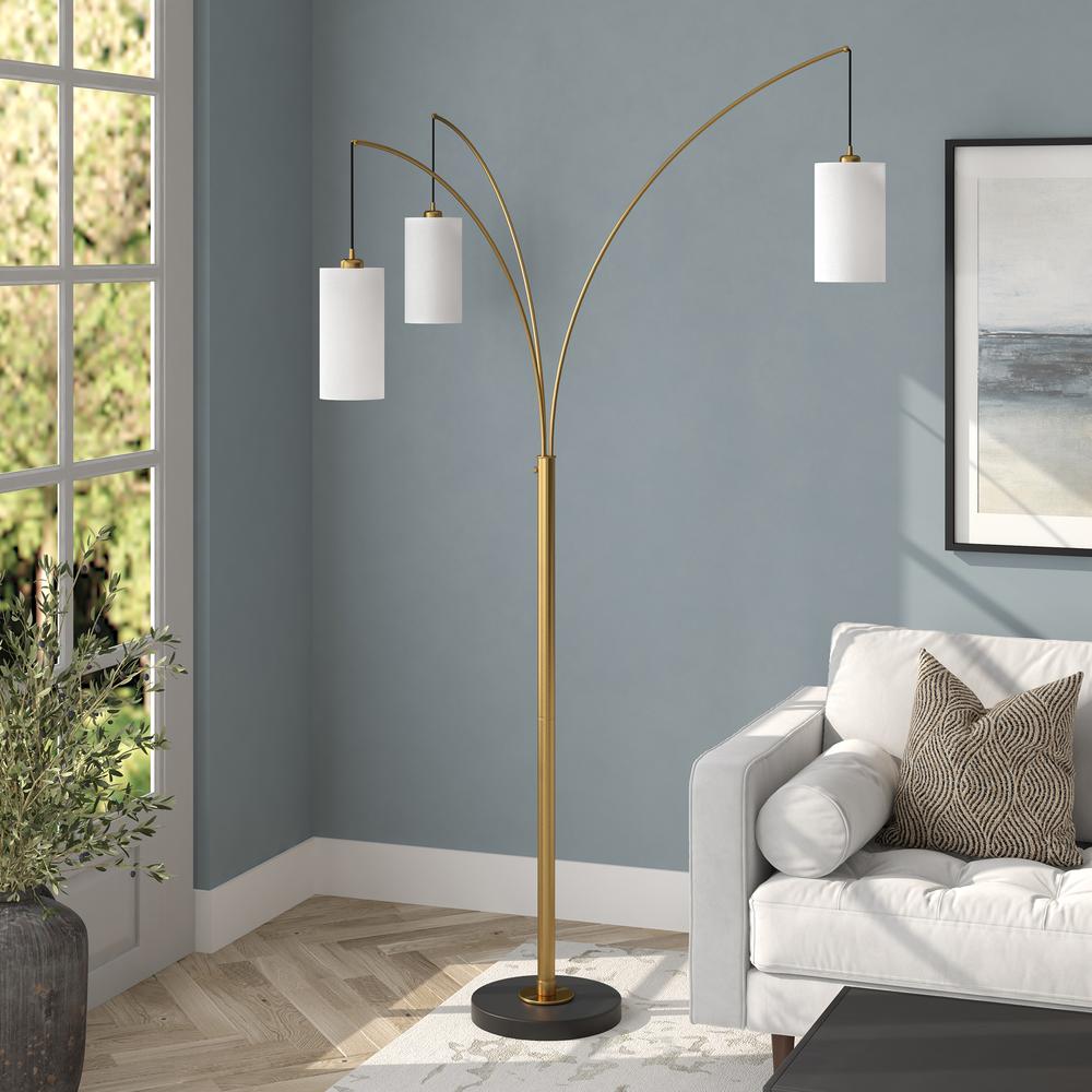 Aspen 3-Light Torchiere Floor Lamp with Fabric Shade in Brass/Blackened Bronze/White. Picture 2