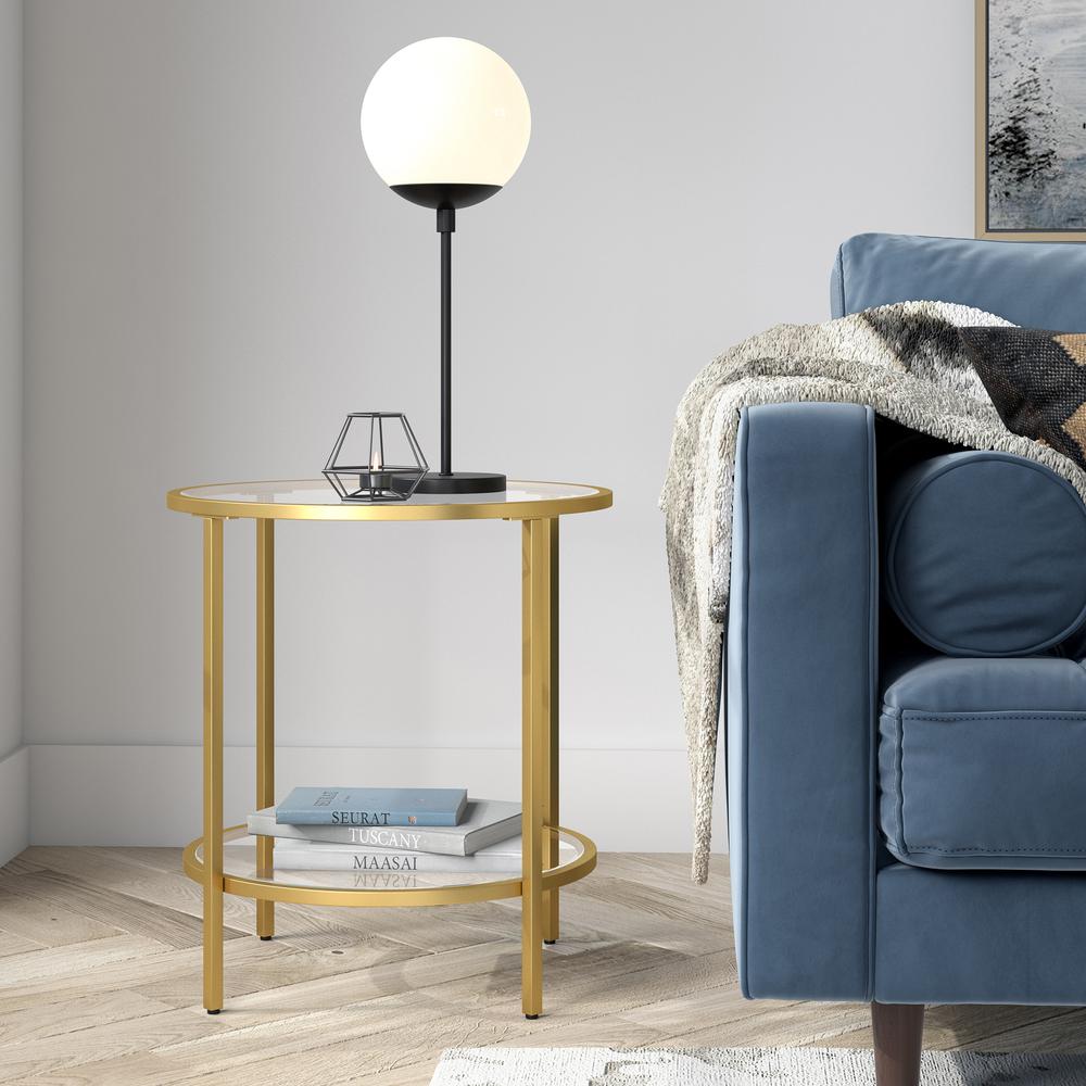 Sivil 20'' Wide Round Side Table with Glass Shelf in Brass. Picture 2