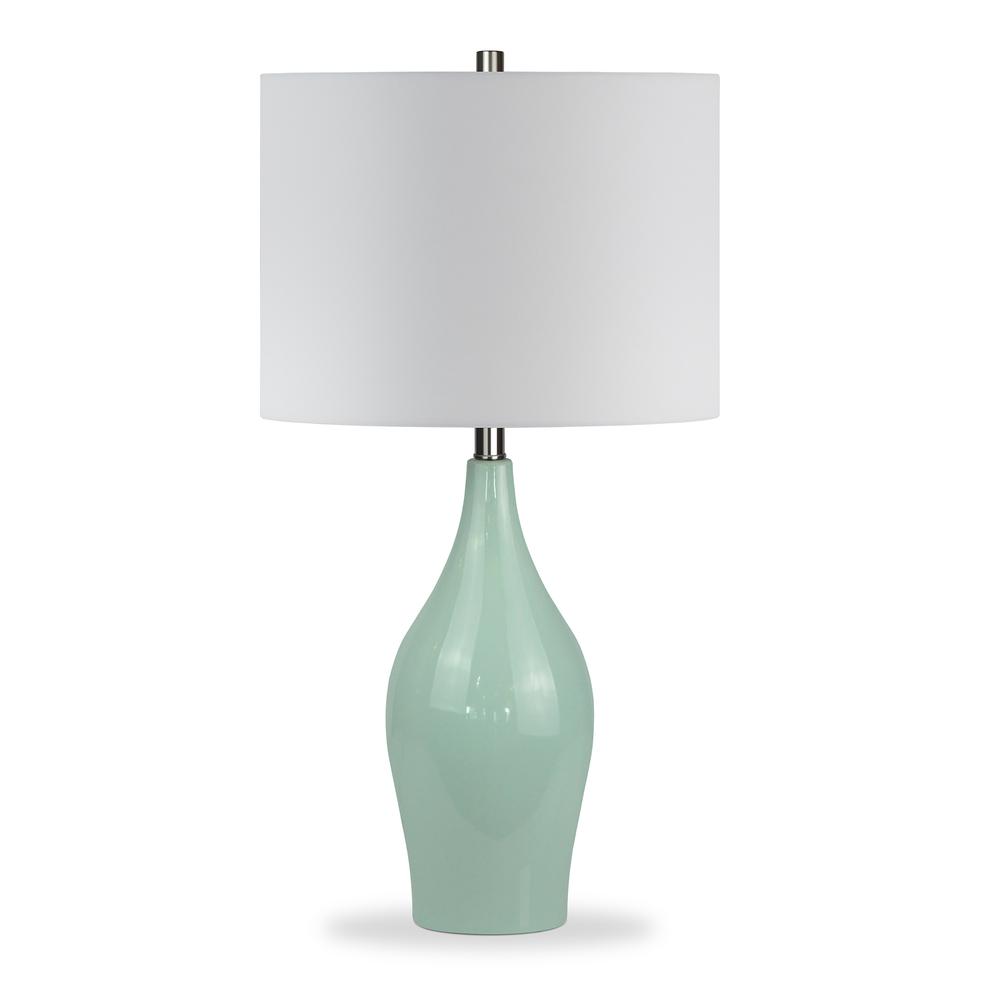 Bella 28.25" Tall Porcelain Table Lamp with Fabric Shade in Teal Porcelain/White. Picture 1