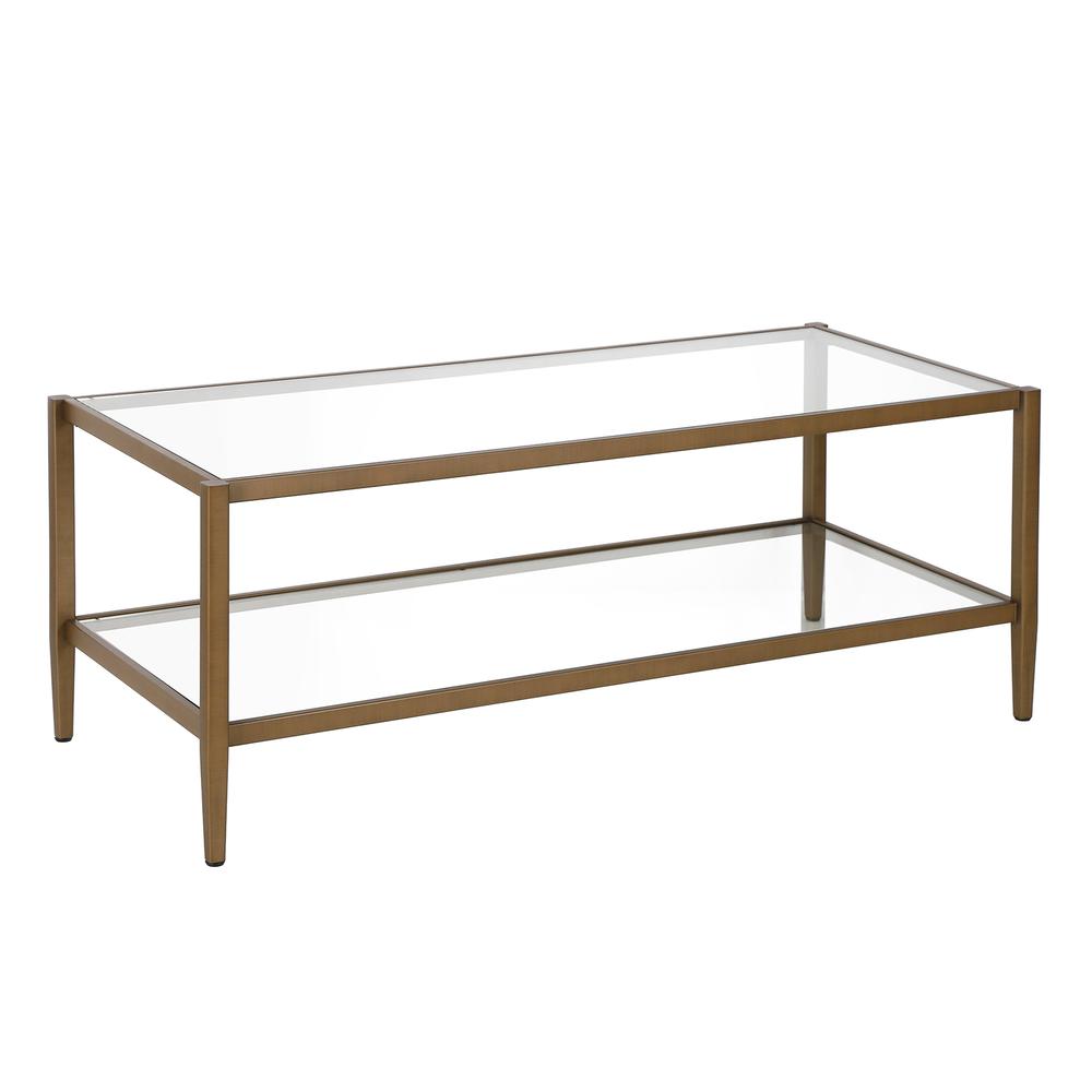 Hera 45'' Wide Rectangular Coffee Table with Glass Shelf in Antique Brass. Picture 1
