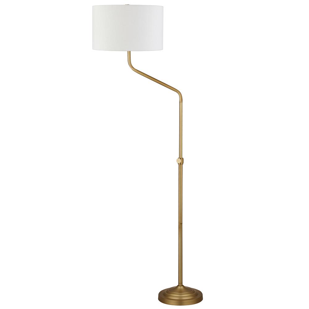 Callum Height-Adjustable Floor Lamp with Fabric Shade in Brushed Brass/White. Picture 3