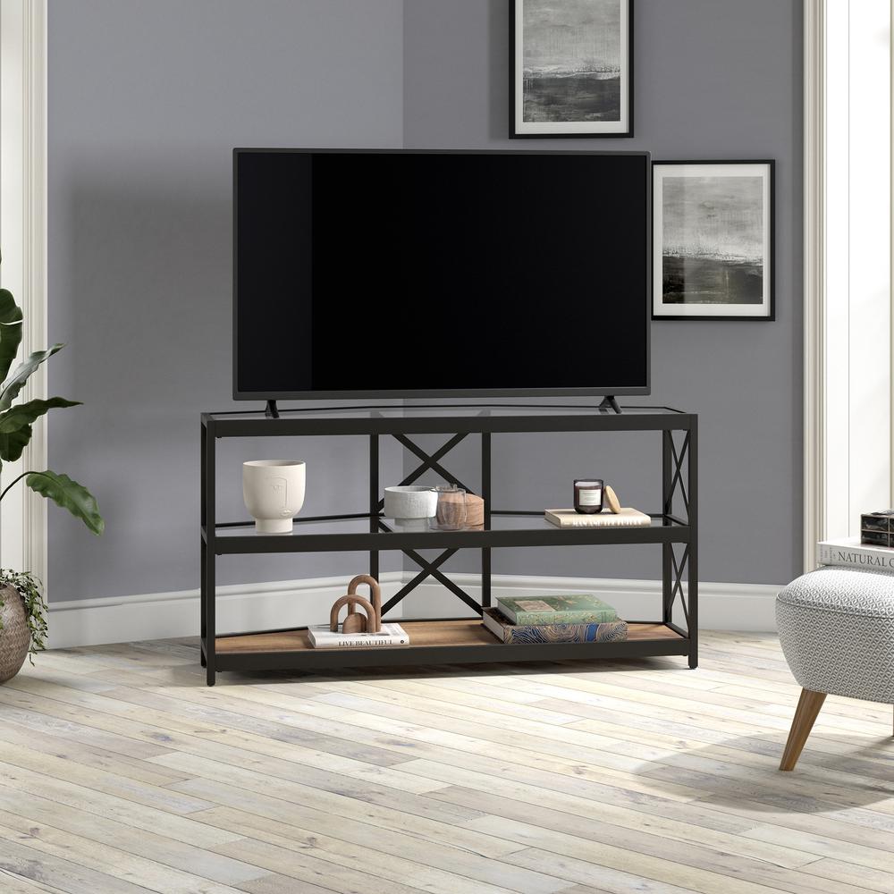 Celine Corner TV Stand with MDF Shelves for TV's up to 55" in Blackened Bronze/Rustic Oak. Picture 4