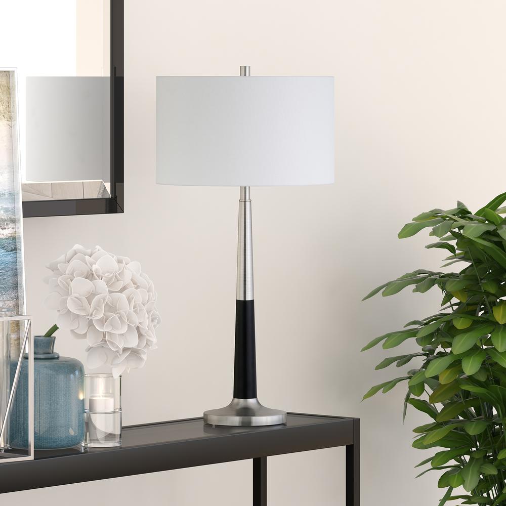 Lyon 29.75" Tall Two-Tone Table Lamp with Fabric Shade in Brushed Nickel/Matte Black/White. Picture 2