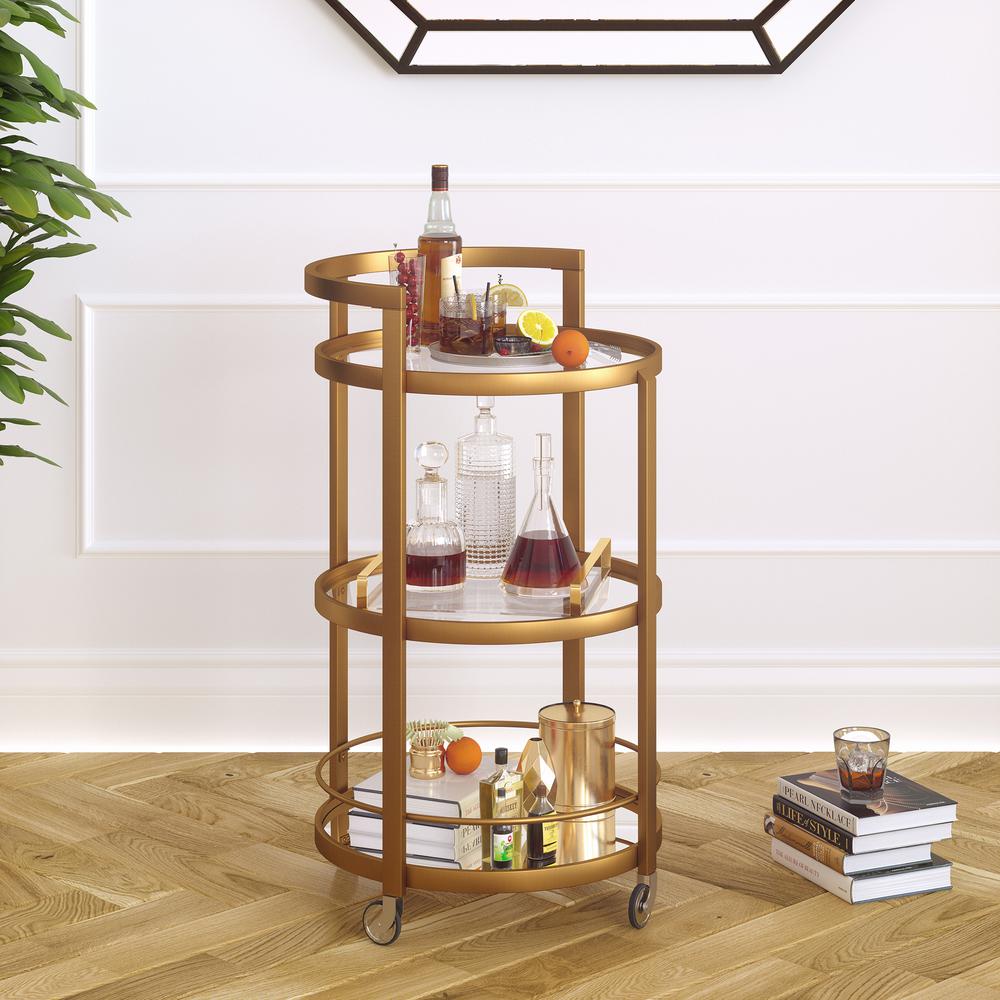 Hause 21'' Wide Round Bar Cart in Brass. Picture 2