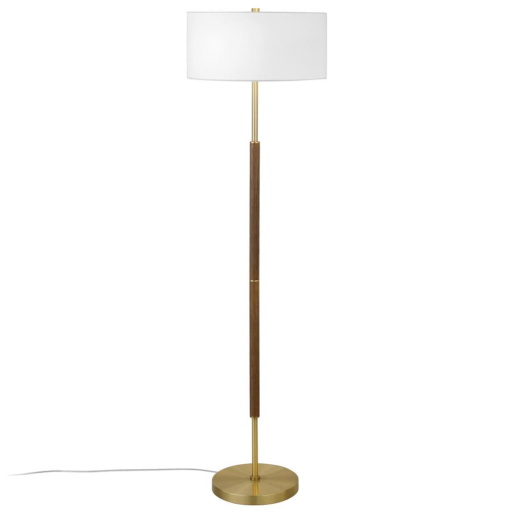 Simone 2-Light Floor Lamp with Fabric Shade in Rustic Oak/Brass/White. Picture 3