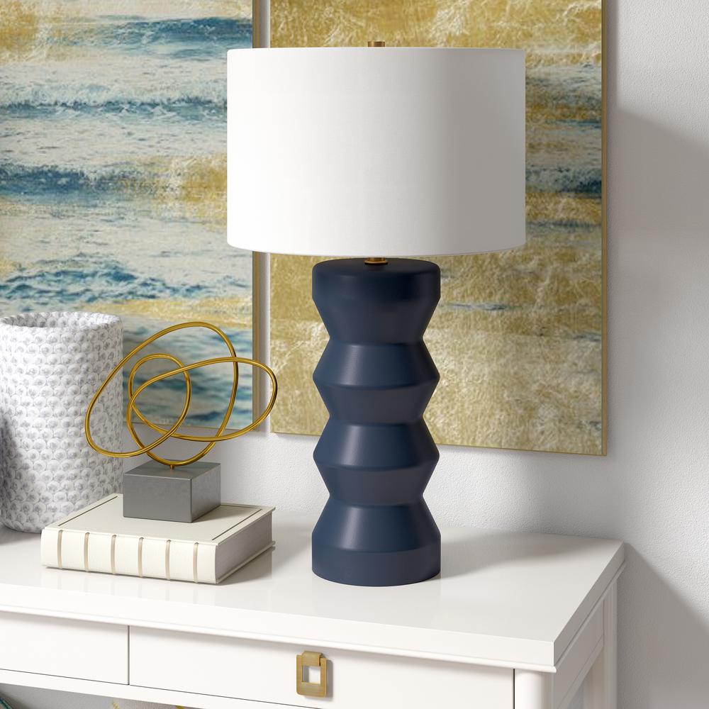 Carlin 28" Tall Ceramic Table Lamp with Fabric Shade in Matte Navy/White. Picture 2