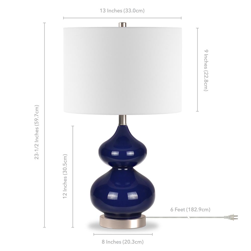 Katrin 23.5" Tall Table Lamp with Fabric Shade in Navy Blue Glass/Satin Nickel/White. Picture 4