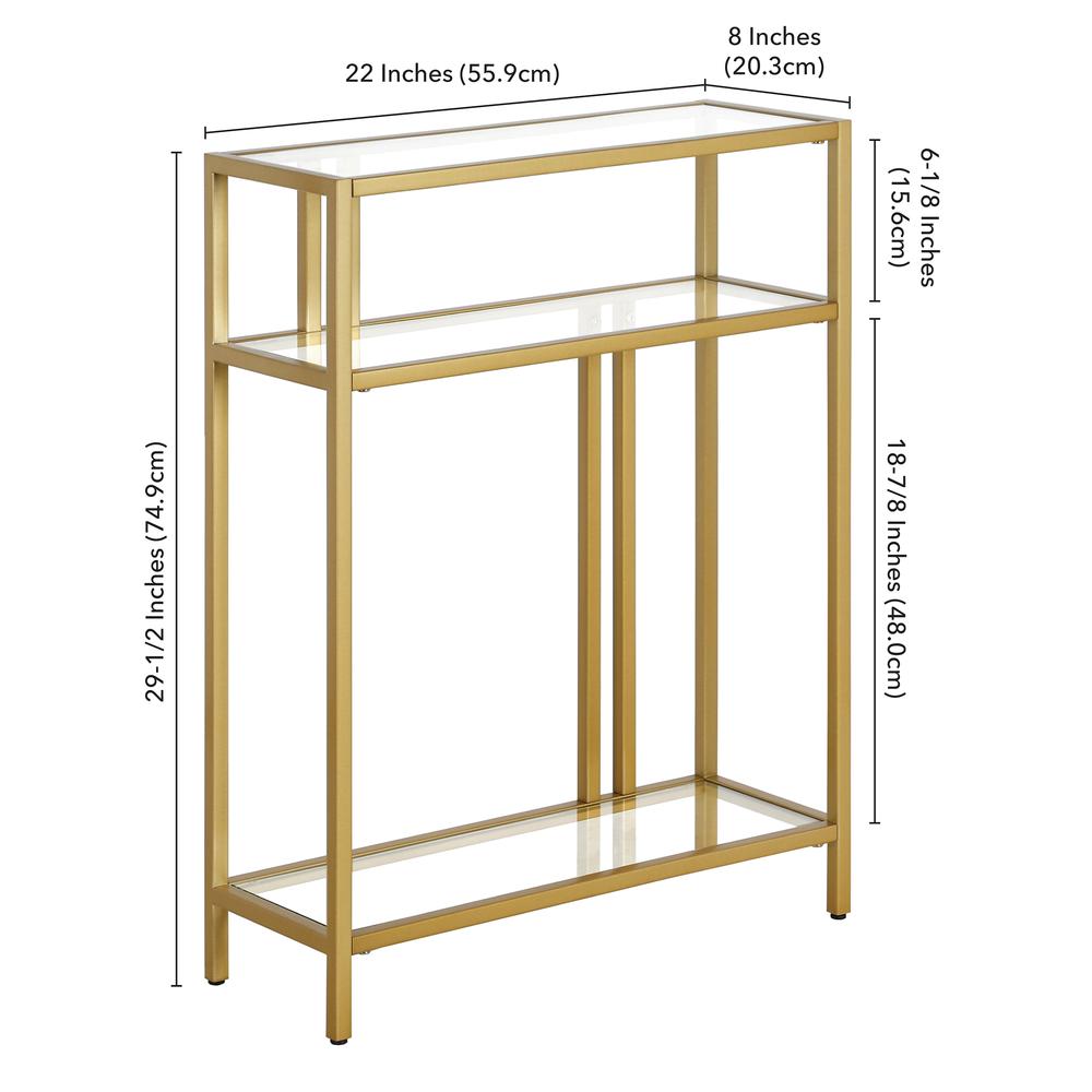 Cortland 22'' Wide Rectangular Console Table with Glass Shelves in Brass. Picture 5