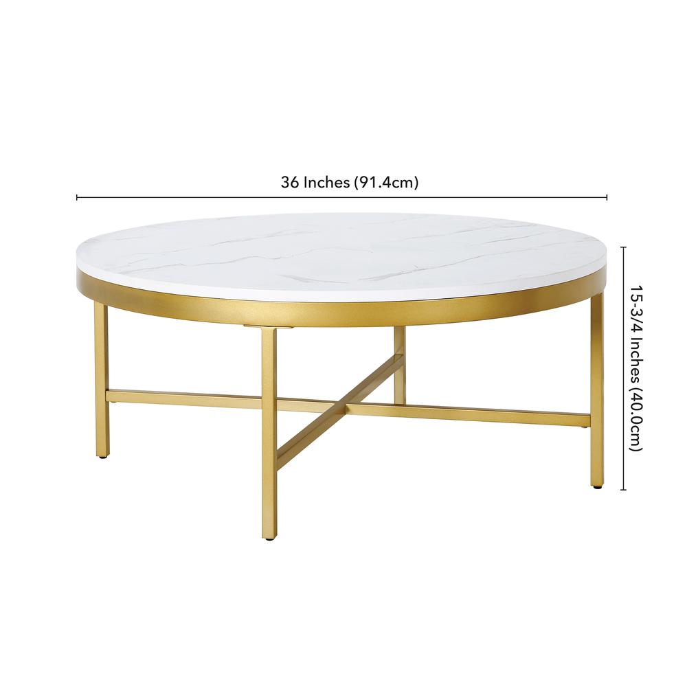 Xivil 36'' Wide Round Coffee Table with Faux Marble Top in Brass/Faux Marble. Picture 5