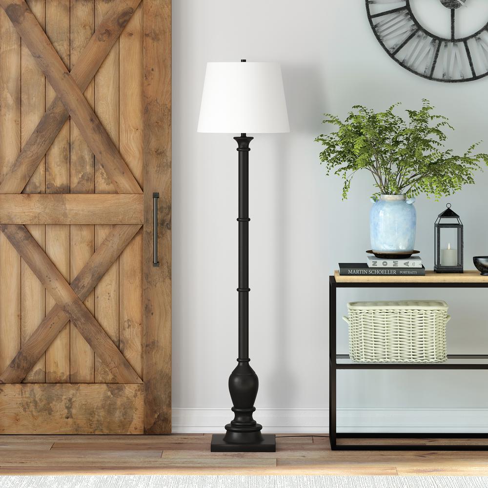 Minnie Farmhouse Floor Lamp with Fabric Shade in Blackened Bronze/White. Picture 2