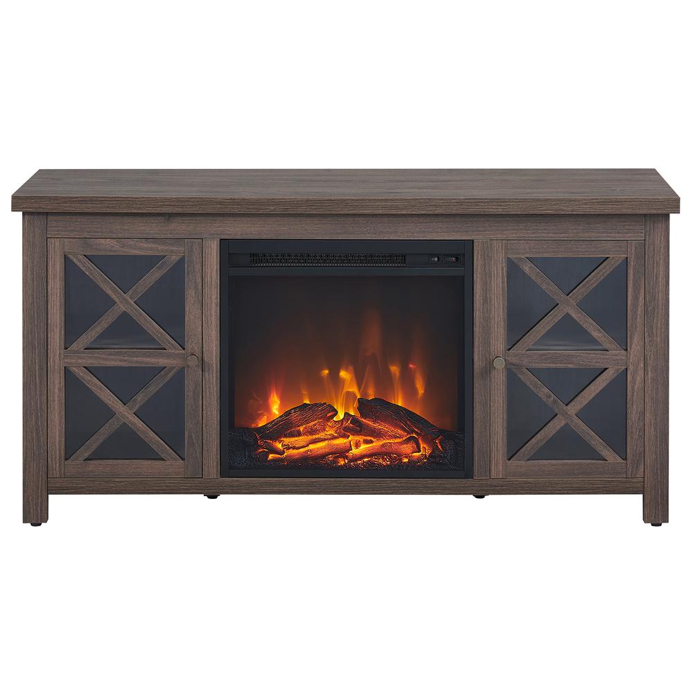 Colton Rectangular TV Stand with Log Fireplace for TV's up to 55" in Alder Brown. Picture 3