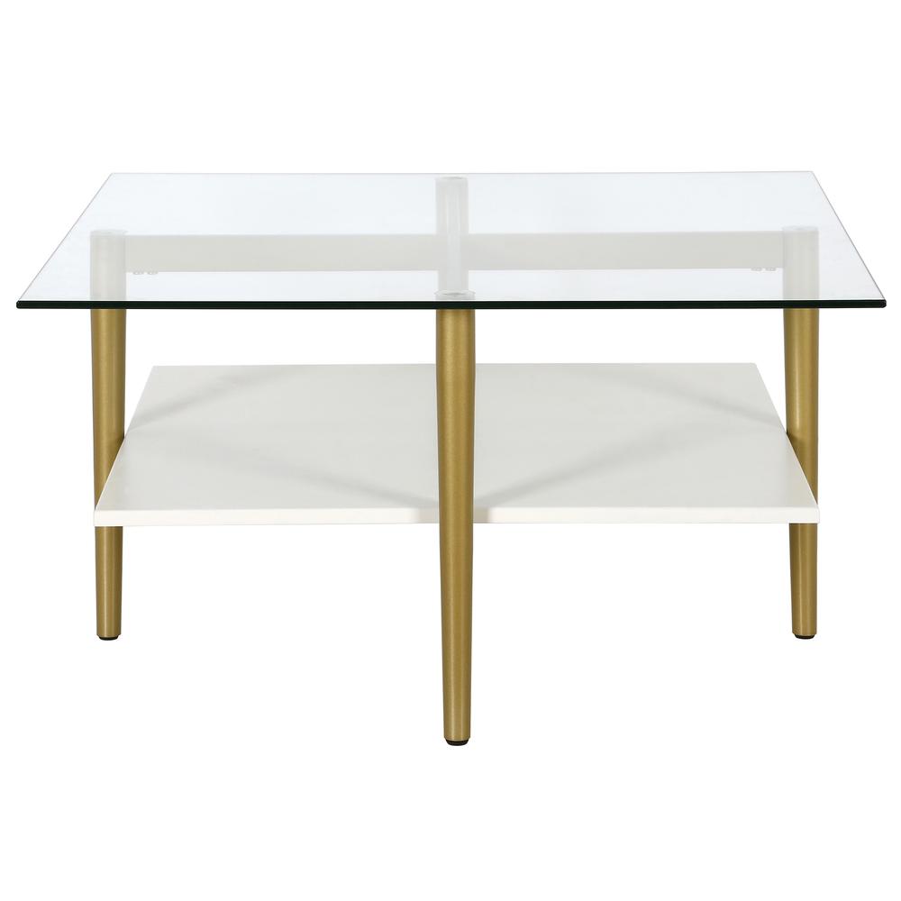Otto 32" Wide Square Coffee Table with White Lacquer Shelf in Brass. Picture 3