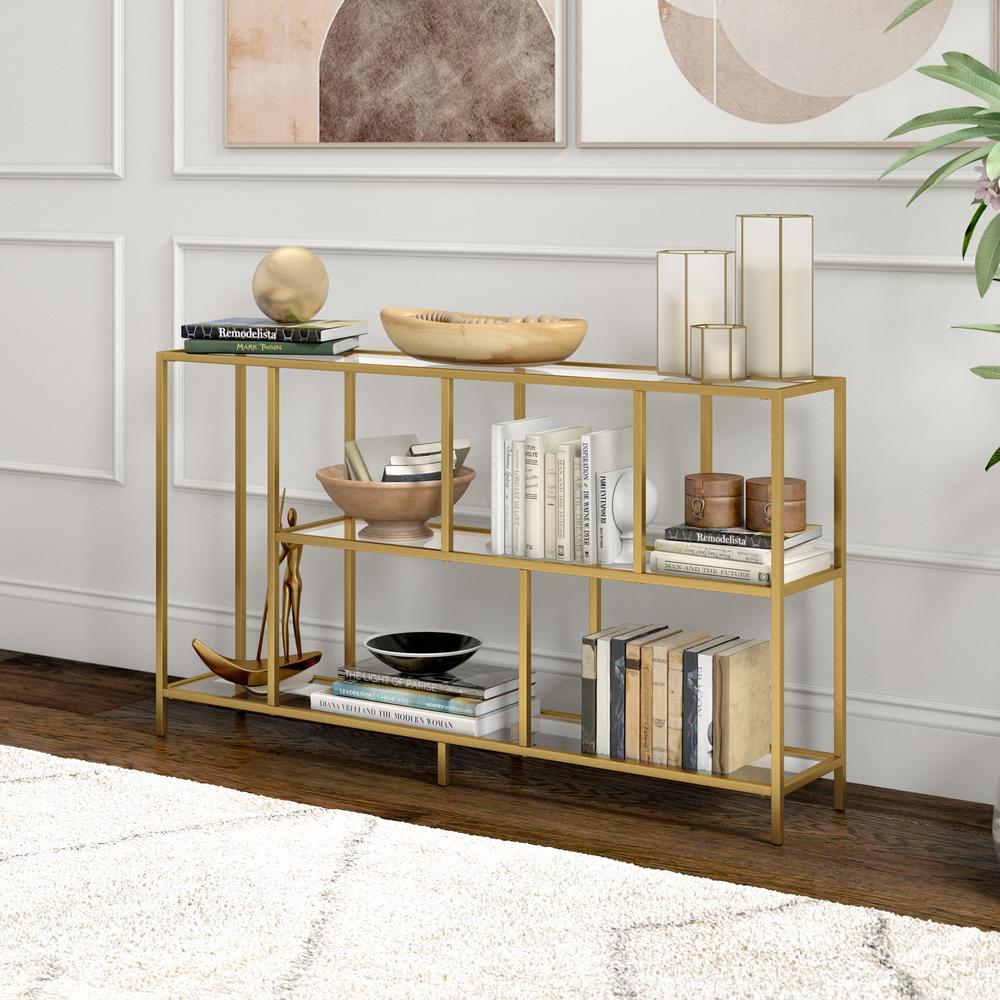 Winthrop 52" Wide Rectangular Console Table with Glass Shelves in Brass. Picture 2