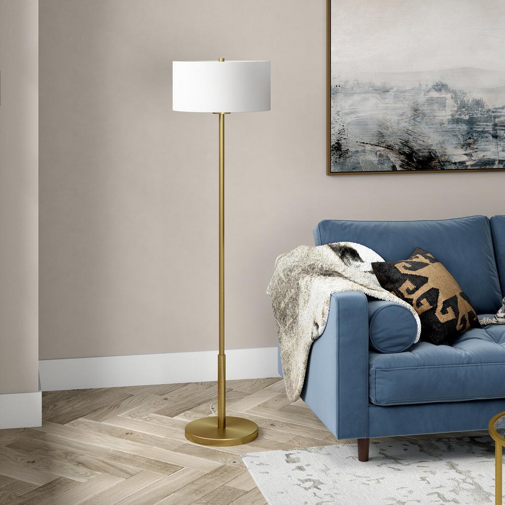 Trina 61" Metal Floor Lamp with Fabric Shade in Brushed Brass. Picture 2