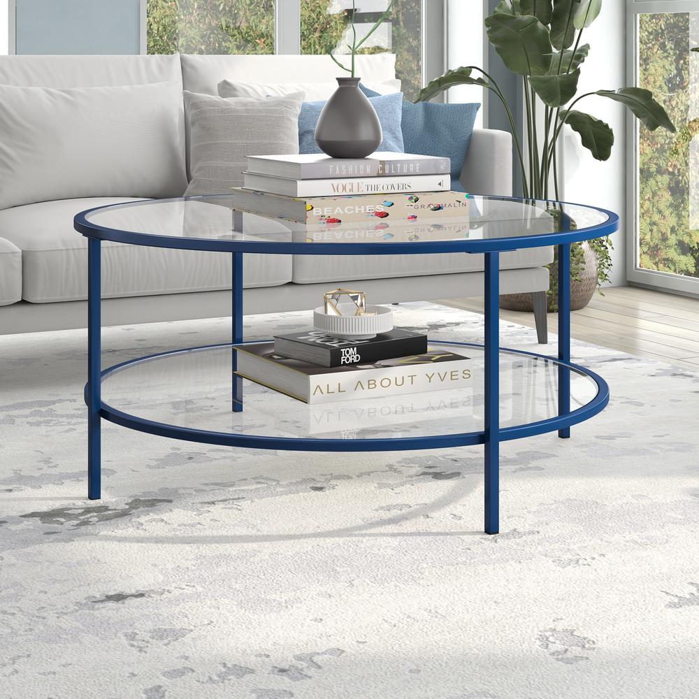 Sivil 36'' Wide Round Coffee Table with Glass Top in Mykonos Blue. Picture 2