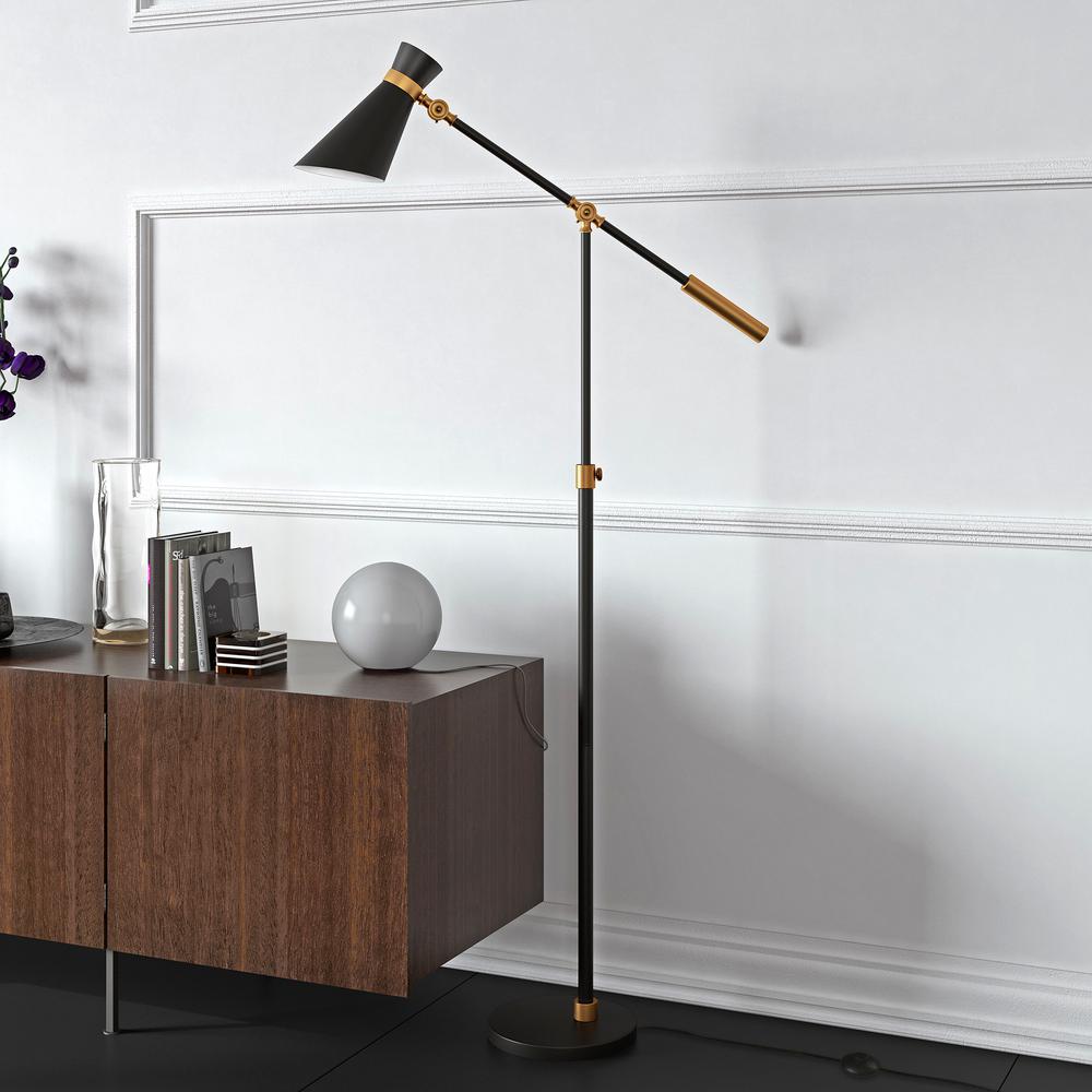 Rex Two-Tone/Height-Adjustable Floor Lamp with Metal Shade in Black/Brass/Black. Picture 3