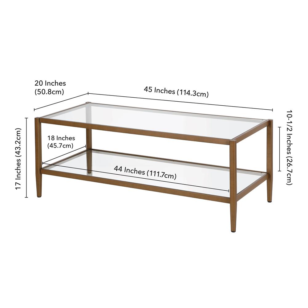 Hera 45'' Wide Rectangular Coffee Table with Glass Shelf in Antique Brass. Picture 5