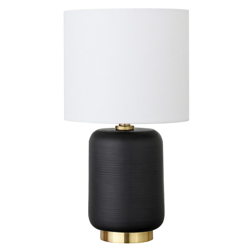 Lambert 15" Tall Ceramic Mini Lamp with Fabric Shade in Matte Black/White. Picture 1