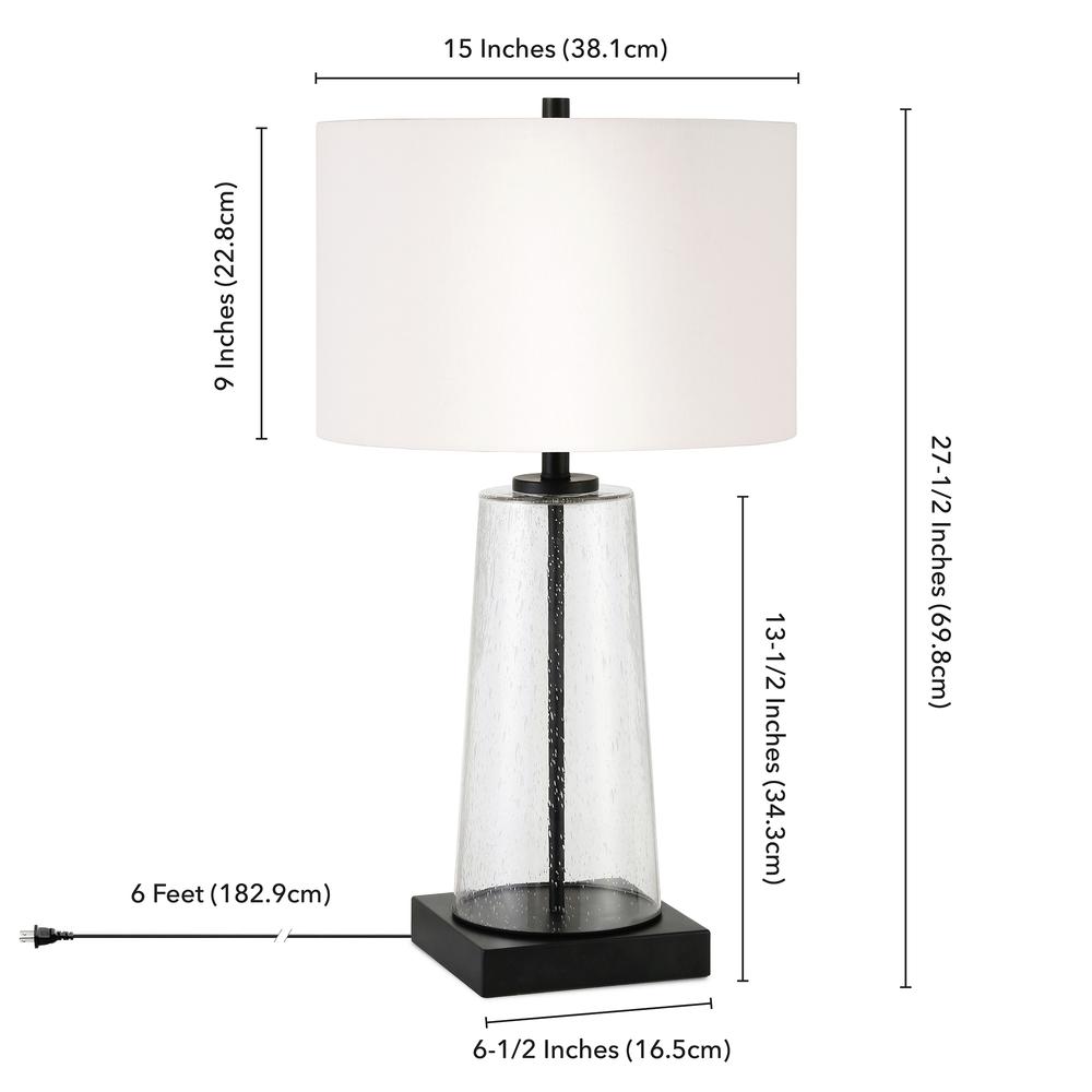 Dax 27.5" Tall Table Lamp with Fabric Shade in Seeded Glass/Blackened Bronze/White. Picture 4