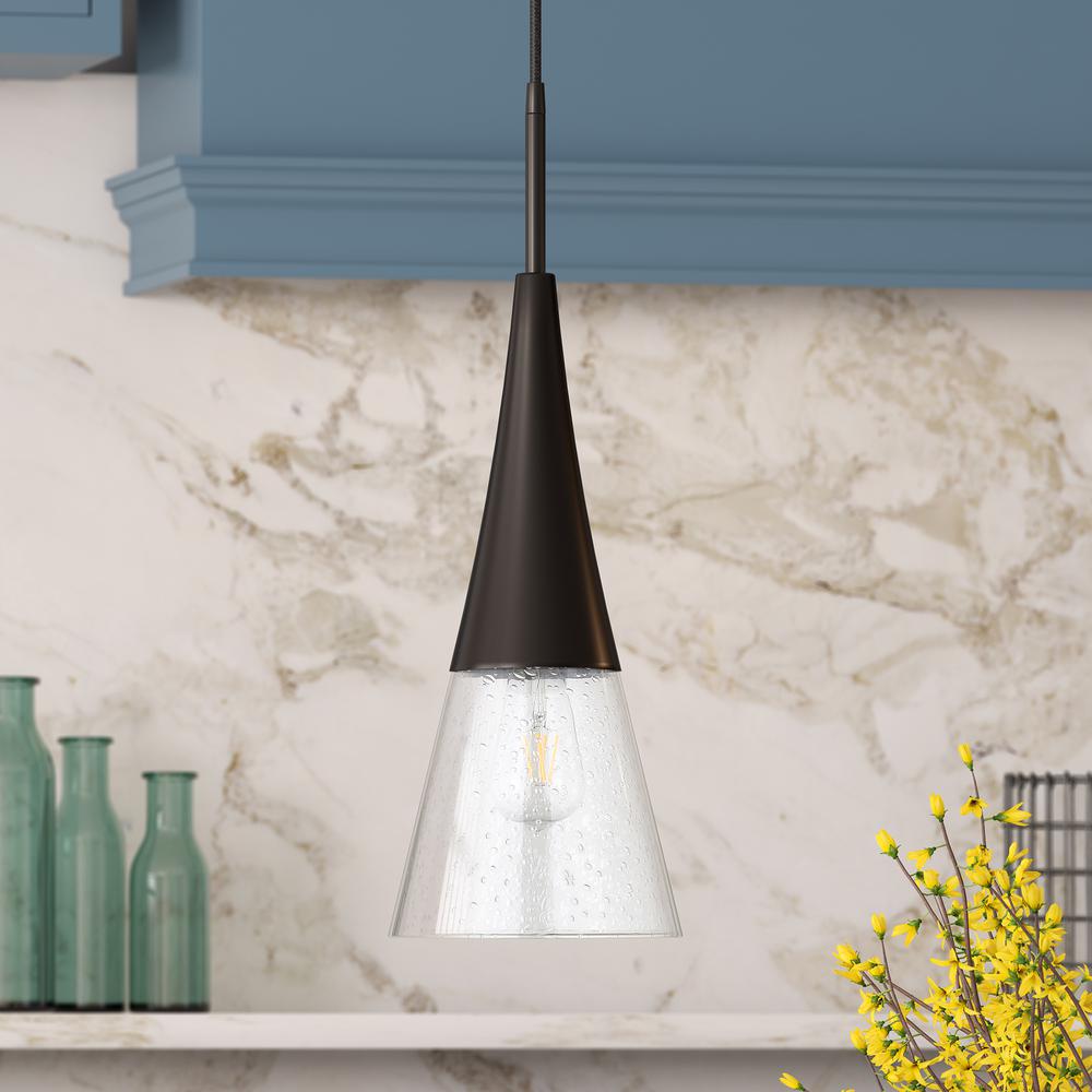 Myra 7.5" Wide Pendant with Glass Shade in Blackened Bronze/Seeded. Picture 2