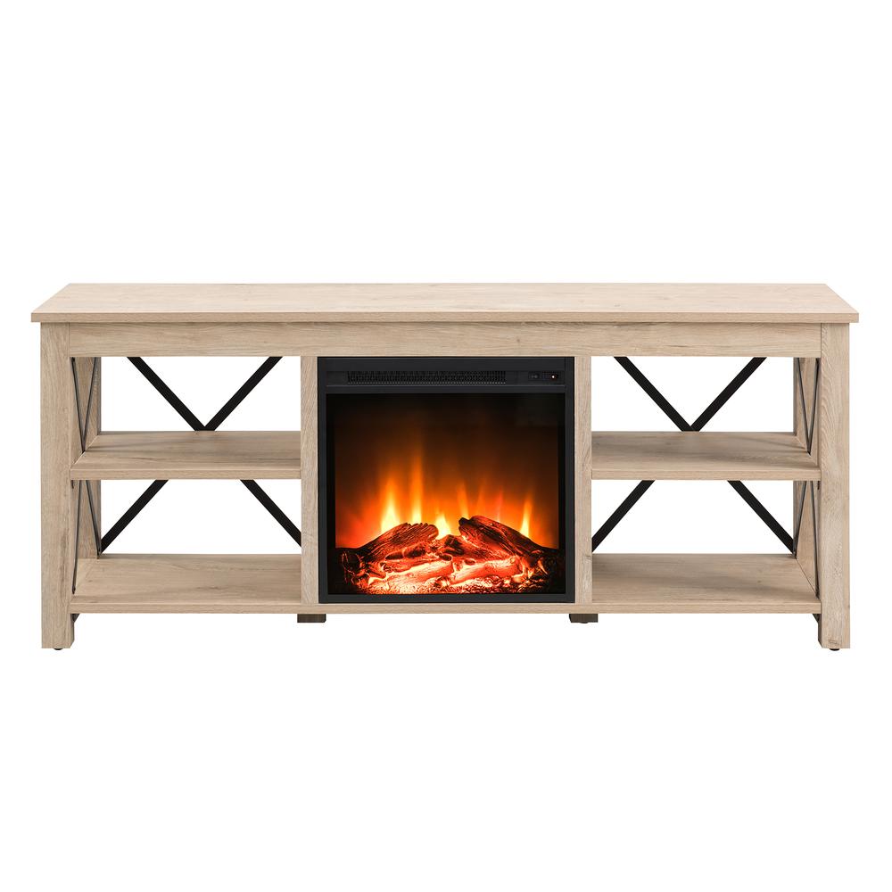 Sawyer Rectangular TV Stand with Log Fireplace for TV's up to 65" in White Oak. Picture 3