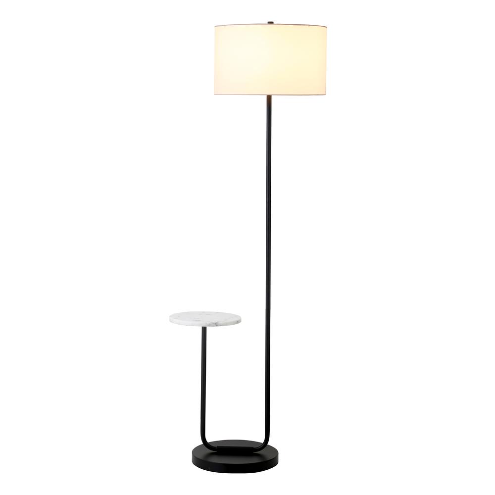 Floor Lamp with Marble Tray Table and Fabric Shade in Blackened Bronze/White. Picture 2
