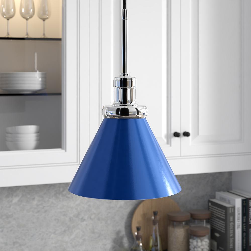 Zeno 8.5" Wide Pendant with Metal Shade in Blue/Polished Nickel/Blue. Picture 2