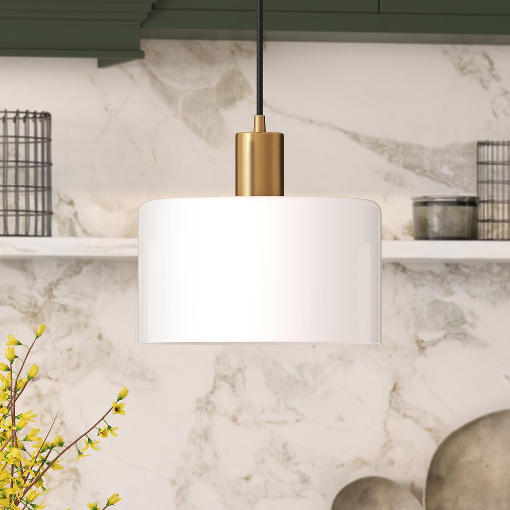 Henri 10" Wide Pendant with Glass Shade in Brass/White Milk. Picture 2