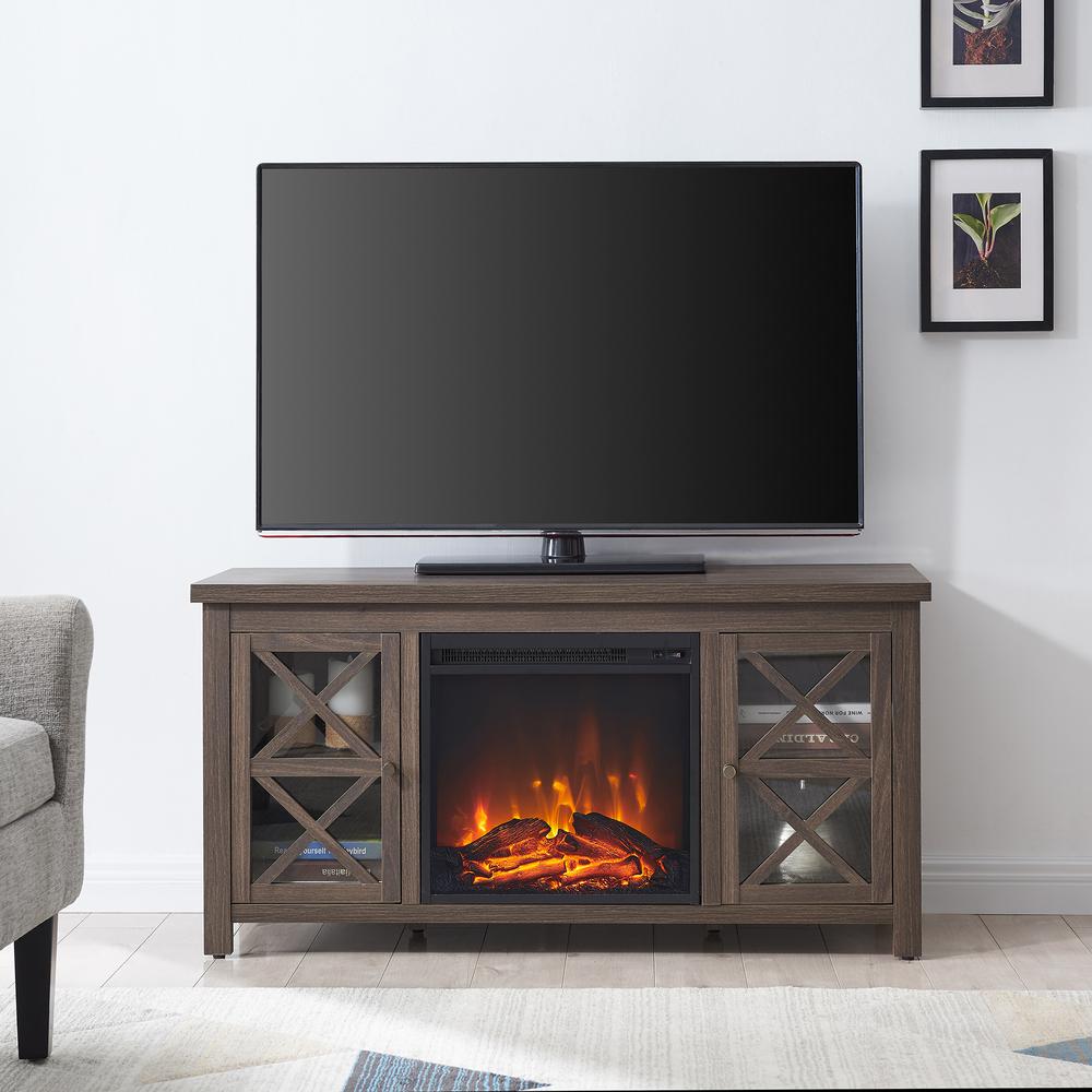 Colton Rectangular TV Stand with Log Fireplace for TV's up to 55" in Alder Brown. Picture 4