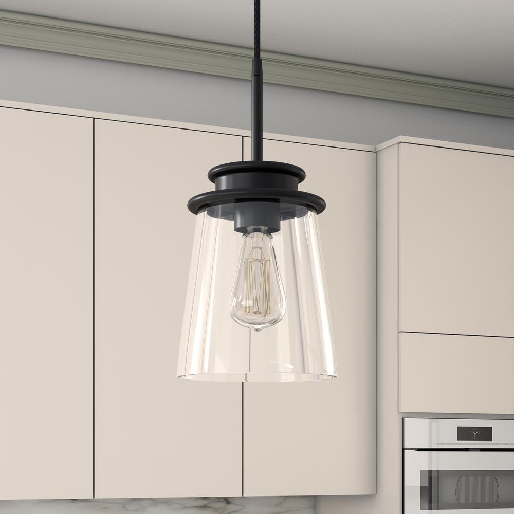 Elwood 7.12" Wide Pendant with Glass Shade in Blackened Bronze/Clear. Picture 2