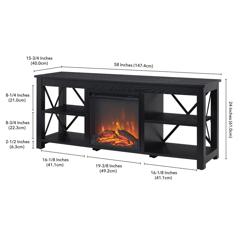 Sawyer Rectangular TV Stand with Log Fireplace for TV's up to 65" in Black. Picture 5