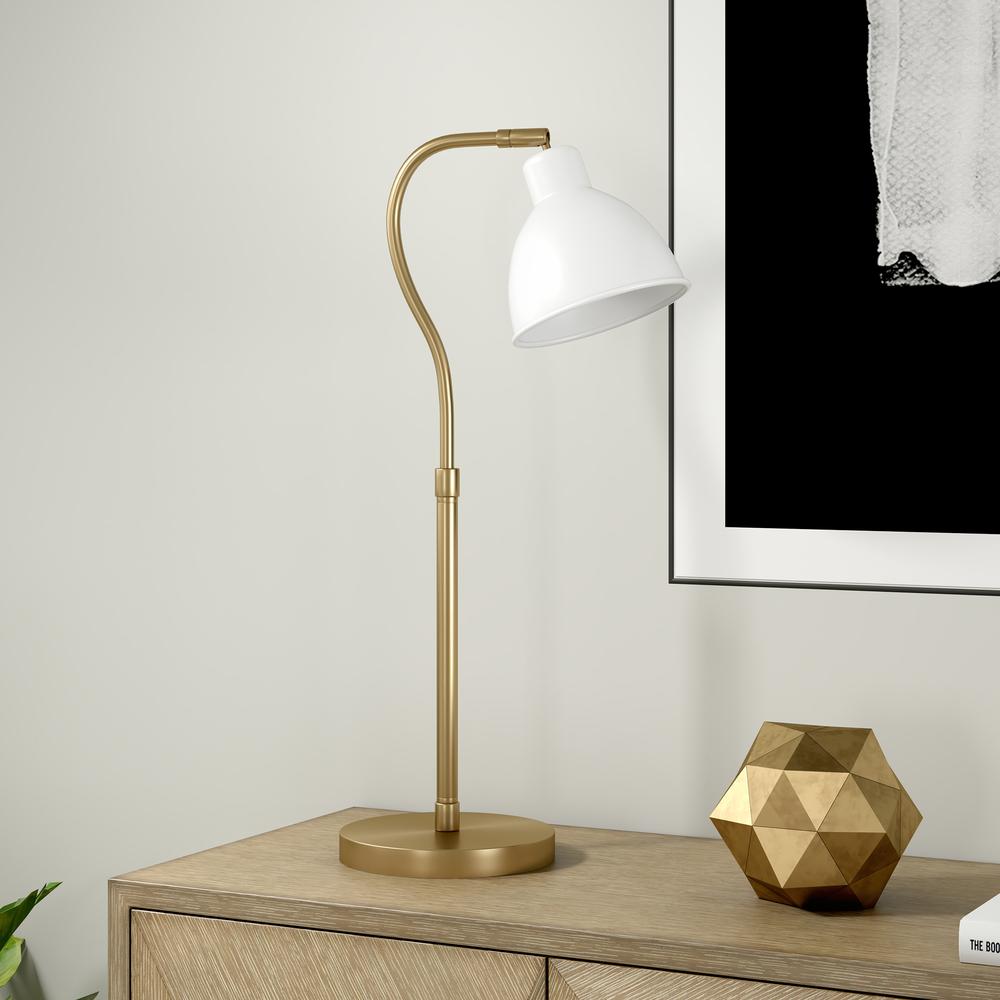 Vincent 25.13" Tall Table Lamp with Metal Shade in Brass/White/Brass. Picture 2