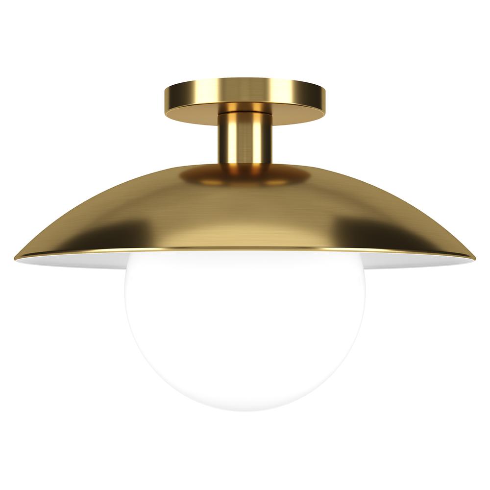 Alvia 14.5" Wide Semi Flush Mount with Metal/Glass Shade in Brass/White. Picture 1